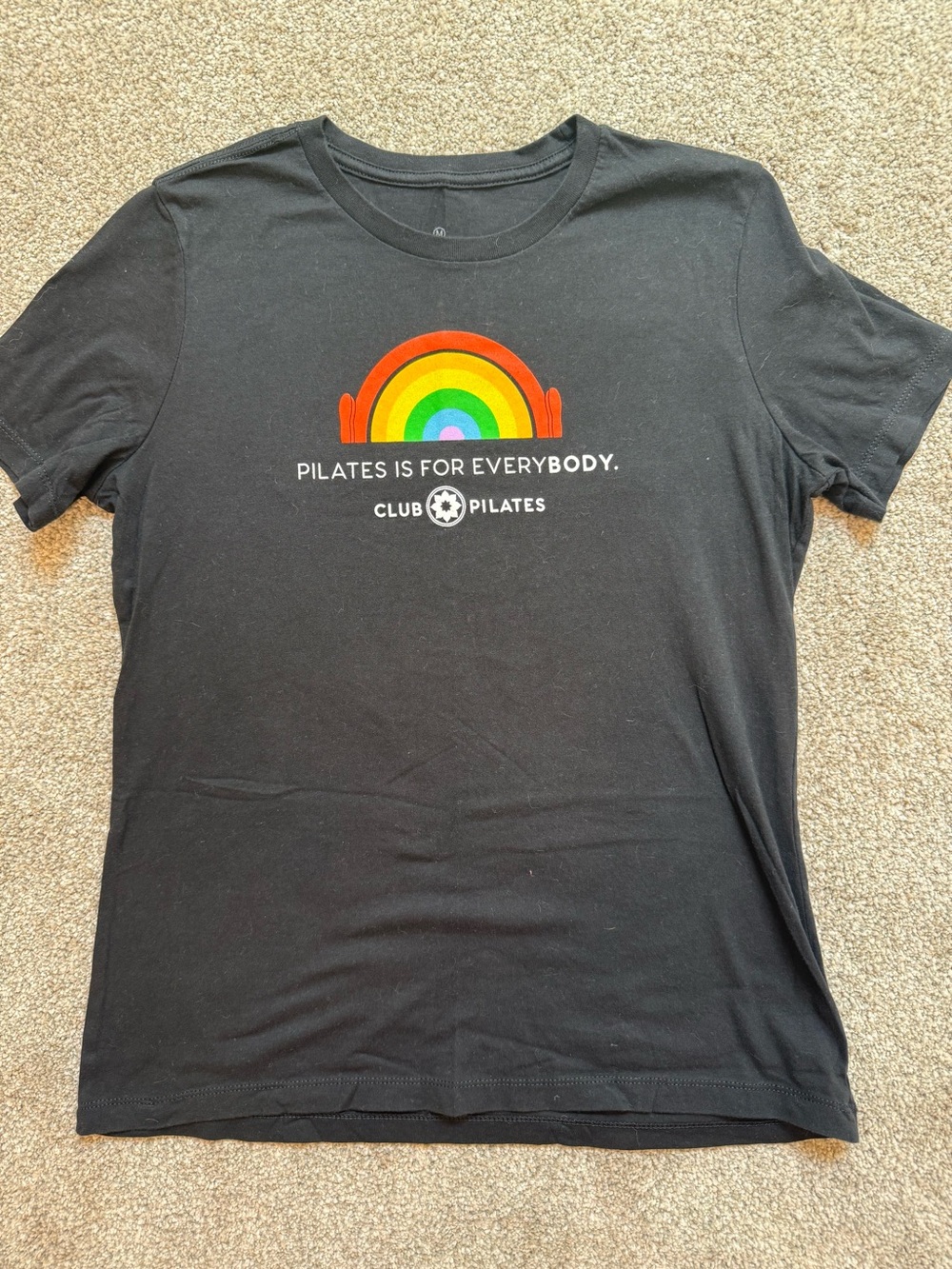 Club Pilates Women's Black Tee with Rainbow Graphic